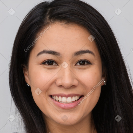 Joyful white young-adult female with long  brown hair and brown eyes