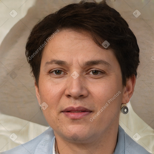 Joyful white adult female with short  brown hair and brown eyes