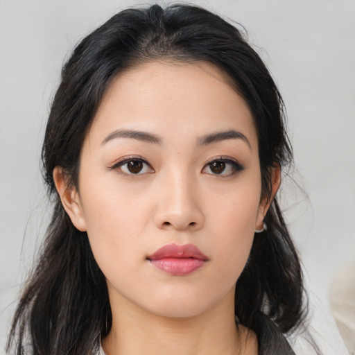 Neutral asian young-adult female with medium  black hair and brown eyes