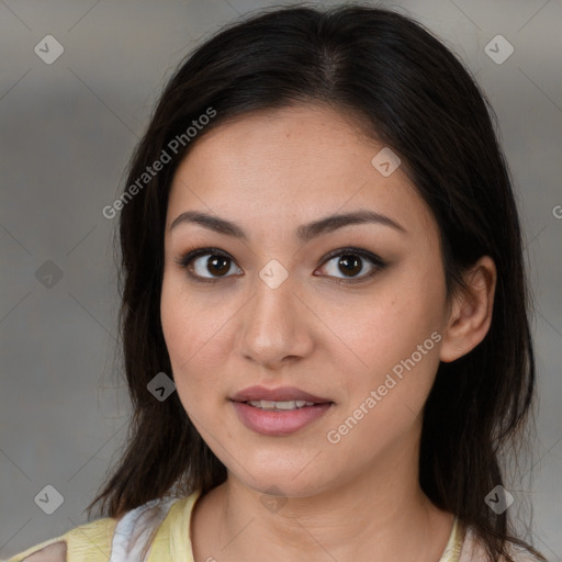 Joyful white young-adult female with medium  brown hair and brown eyes