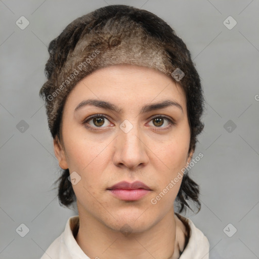 Neutral white young-adult female with short  brown hair and brown eyes