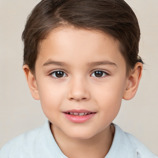 Joyful white child female with short  brown hair and brown eyes