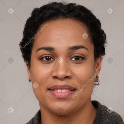 Joyful latino young-adult female with short  brown hair and brown eyes