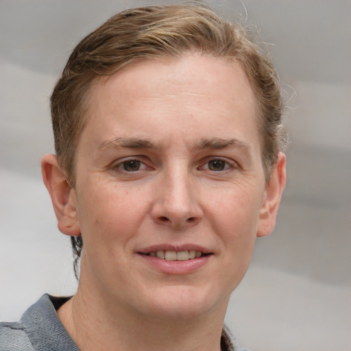 Joyful white adult female with short  brown hair and grey eyes