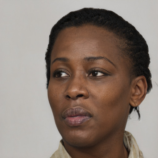 Neutral black young-adult female with short  black hair and brown eyes