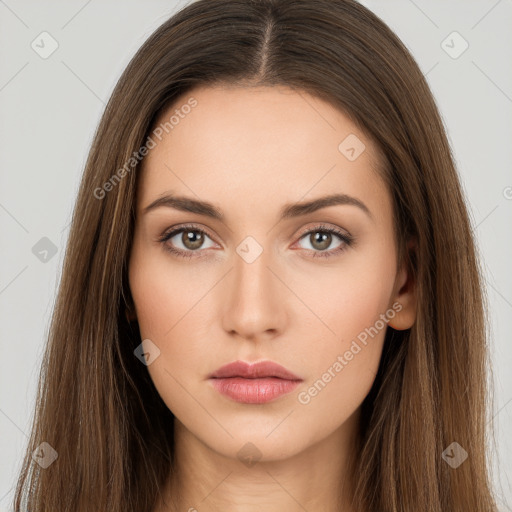 Neutral white young-adult female with long  brown hair and brown eyes