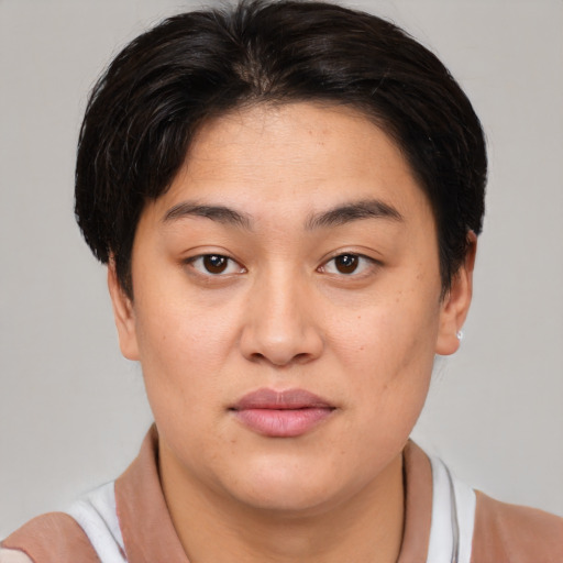 Joyful white young-adult female with short  brown hair and brown eyes