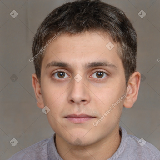 Neutral white young-adult male with short  brown hair and brown eyes