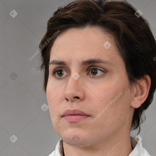 Neutral white young-adult female with medium  brown hair and brown eyes