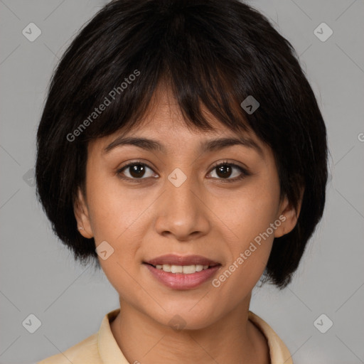 Joyful asian young-adult female with medium  brown hair and brown eyes