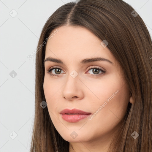 Neutral white young-adult female with long  brown hair and brown eyes