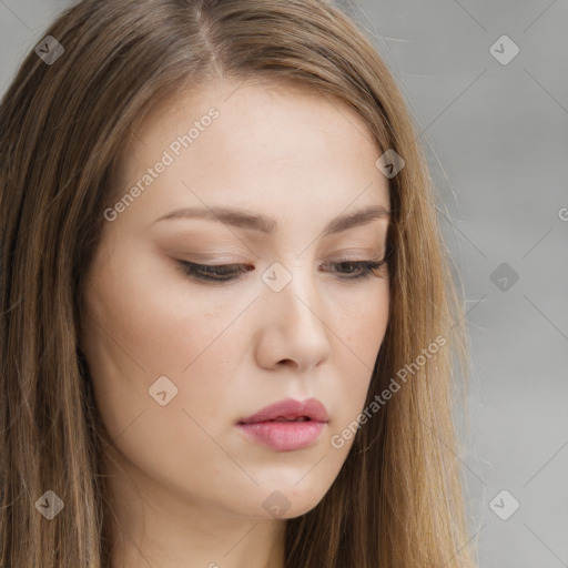 Neutral white young-adult female with long  brown hair and brown eyes