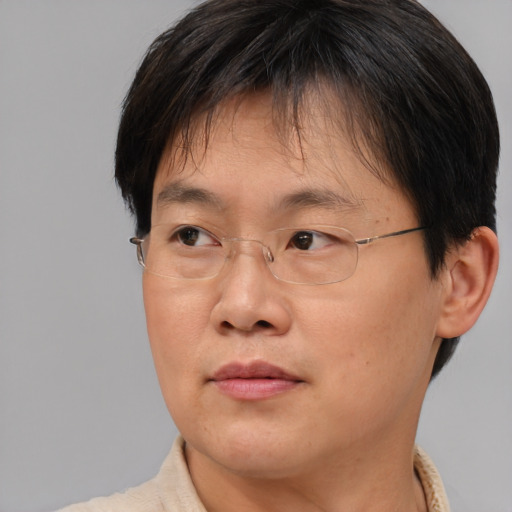 Neutral asian adult female with short  brown hair and brown eyes