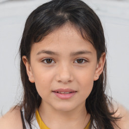 Joyful white child female with medium  brown hair and brown eyes