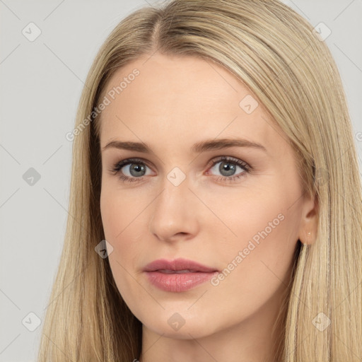 Neutral white young-adult female with long  brown hair and brown eyes