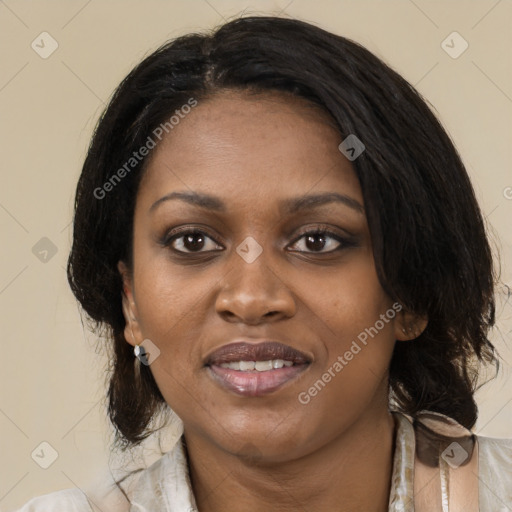 Joyful black young-adult female with medium  black hair and brown eyes