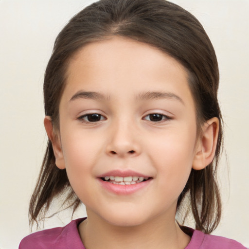 Joyful white child female with medium  brown hair and brown eyes