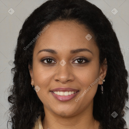 Joyful black young-adult female with long  brown hair and brown eyes