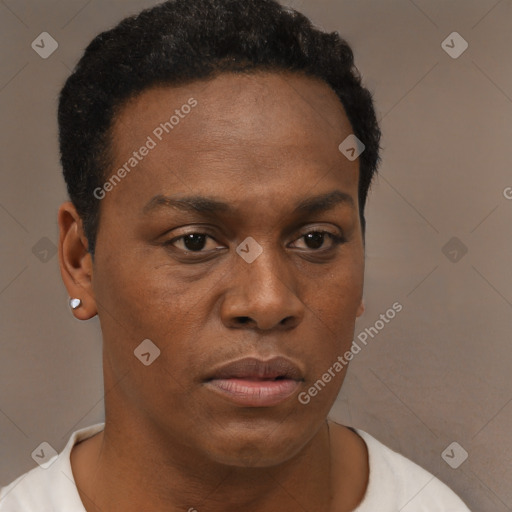 Neutral black young-adult male with short  black hair and brown eyes