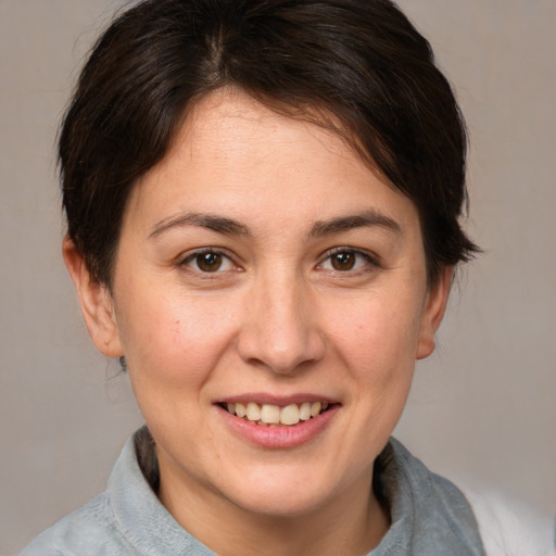 Joyful white adult female with medium  brown hair and brown eyes