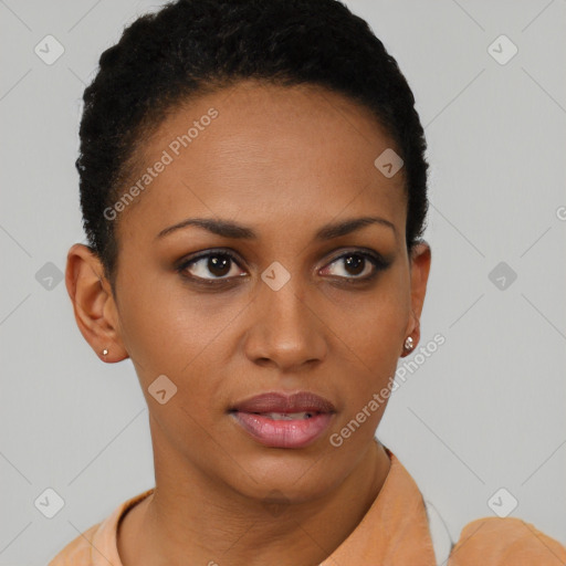 Neutral black young-adult female with short  brown hair and brown eyes