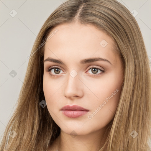 Neutral white young-adult female with long  brown hair and brown eyes