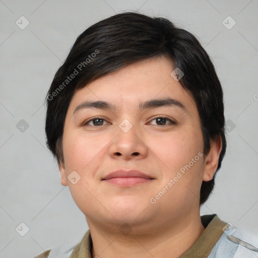 Joyful white young-adult female with medium  brown hair and brown eyes