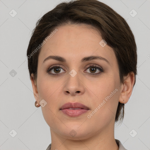 Neutral white young-adult female with short  brown hair and brown eyes