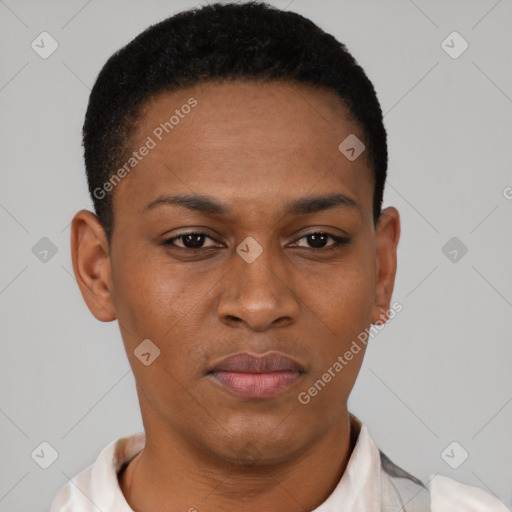 Joyful latino young-adult female with short  black hair and brown eyes