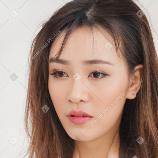 Neutral asian young-adult female with long  brown hair and brown eyes