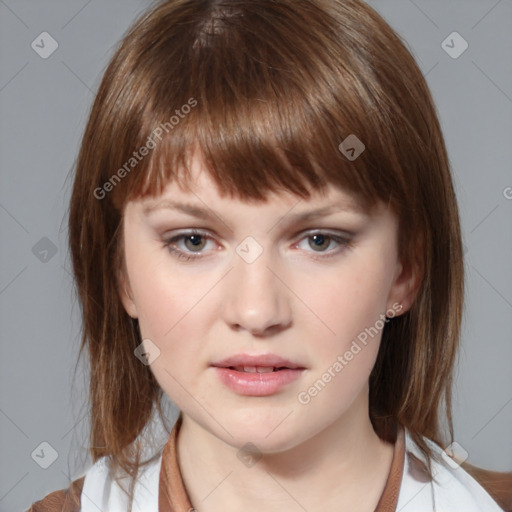 Neutral white young-adult female with medium  brown hair and brown eyes