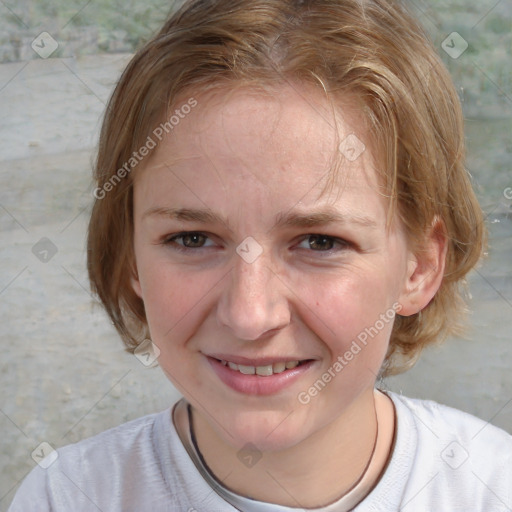 Joyful white young-adult female with medium  brown hair and blue eyes