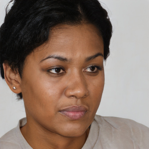 Neutral asian young-adult female with short  brown hair and brown eyes