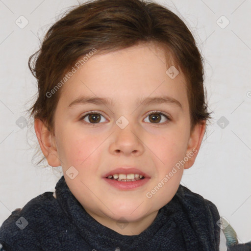 Joyful white child female with medium  brown hair and brown eyes