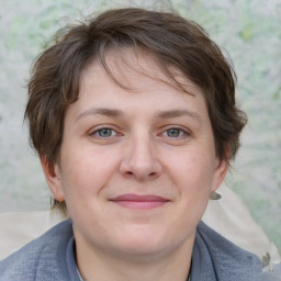 Joyful white young-adult female with medium  brown hair and blue eyes