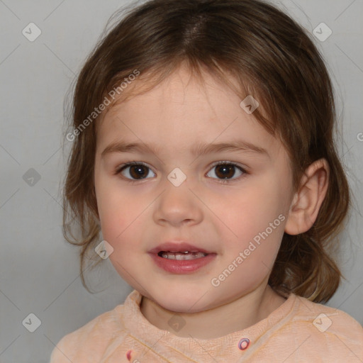 Joyful white child female with medium  brown hair and brown eyes