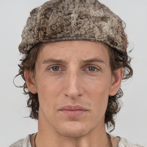 Joyful white adult male with short  brown hair and grey eyes