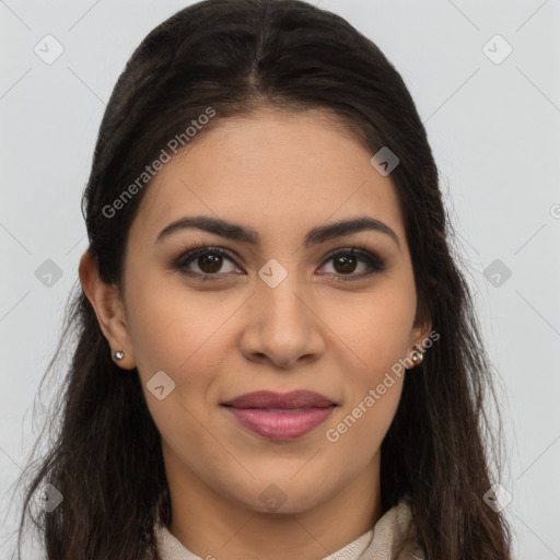 Joyful latino young-adult female with long  brown hair and brown eyes