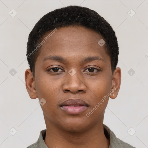 Neutral black young-adult female with short  brown hair and brown eyes