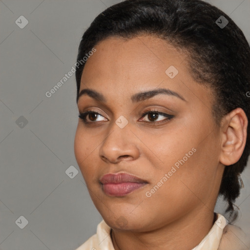 Joyful latino young-adult female with short  black hair and brown eyes