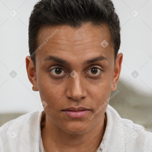 Neutral white young-adult male with short  brown hair and brown eyes