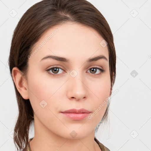 Neutral white young-adult female with medium  brown hair and brown eyes