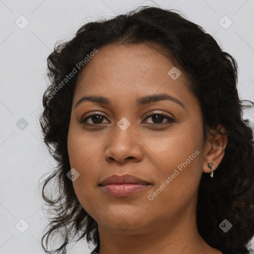 Joyful latino young-adult female with long  brown hair and brown eyes