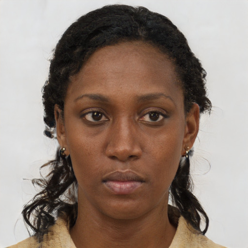 Neutral black young-adult female with long  brown hair and brown eyes
