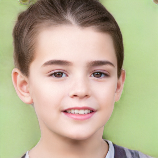 Joyful white child female with short  brown hair and brown eyes