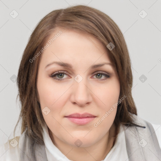 Joyful white young-adult female with medium  brown hair and green eyes