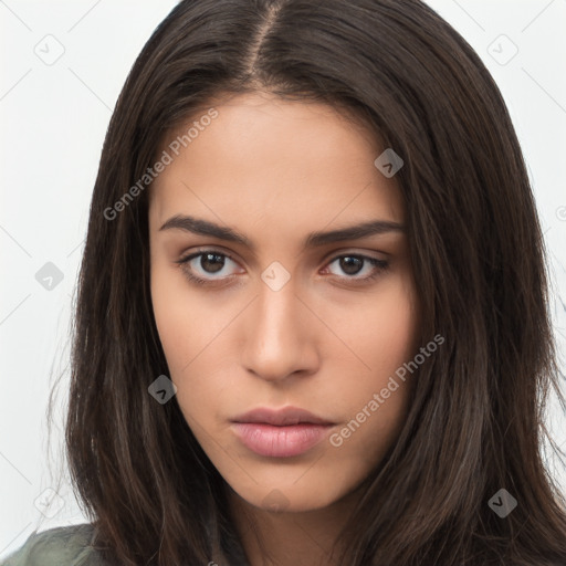 Neutral white young-adult female with long  brown hair and brown eyes