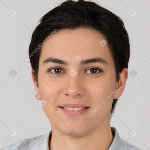 Joyful white young-adult female with short  brown hair and brown eyes