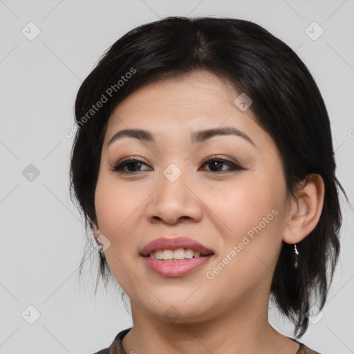 Joyful asian young-adult female with medium  brown hair and brown eyes