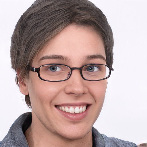 Joyful white young-adult female with short  brown hair and blue eyes